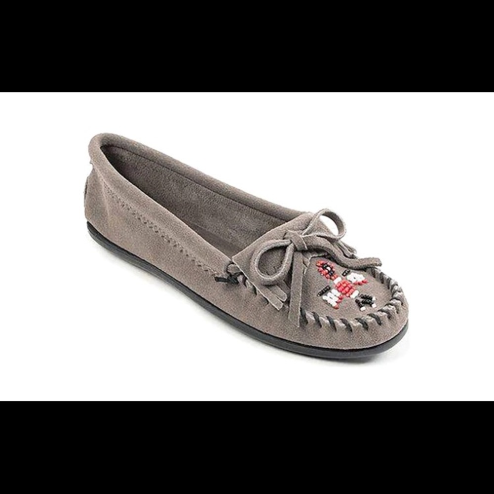 Vintage Minnetonka moccasin grey beaded red and black and white